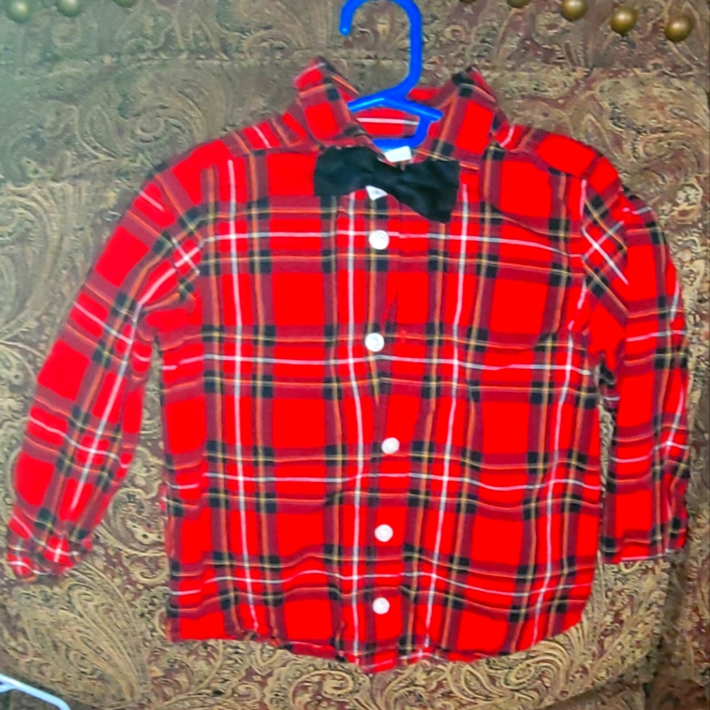 Kids Red Plaid Shirt with Bow Tie